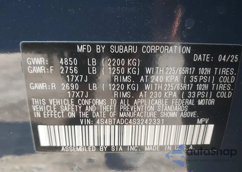 2025 Subaru Outback Premium from USA, damaged, VIN 4S4BTADC4S3242331